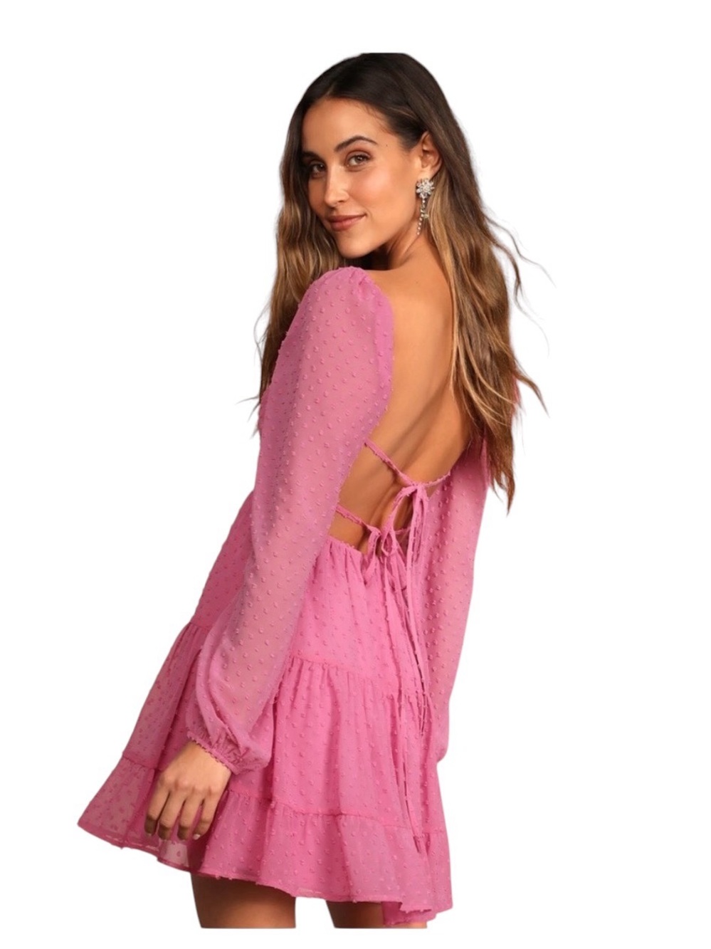 NWT Lulus Longing And Love Pink Swiss Dot Dress Size Medium